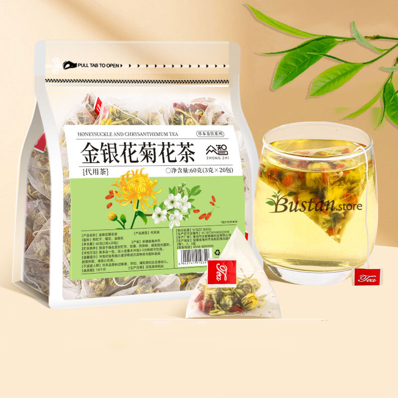 Honeysuckle & Chrysanthemum Tea – 20 Pyramid Tea Bags, Herbal Blend | Bustan.store